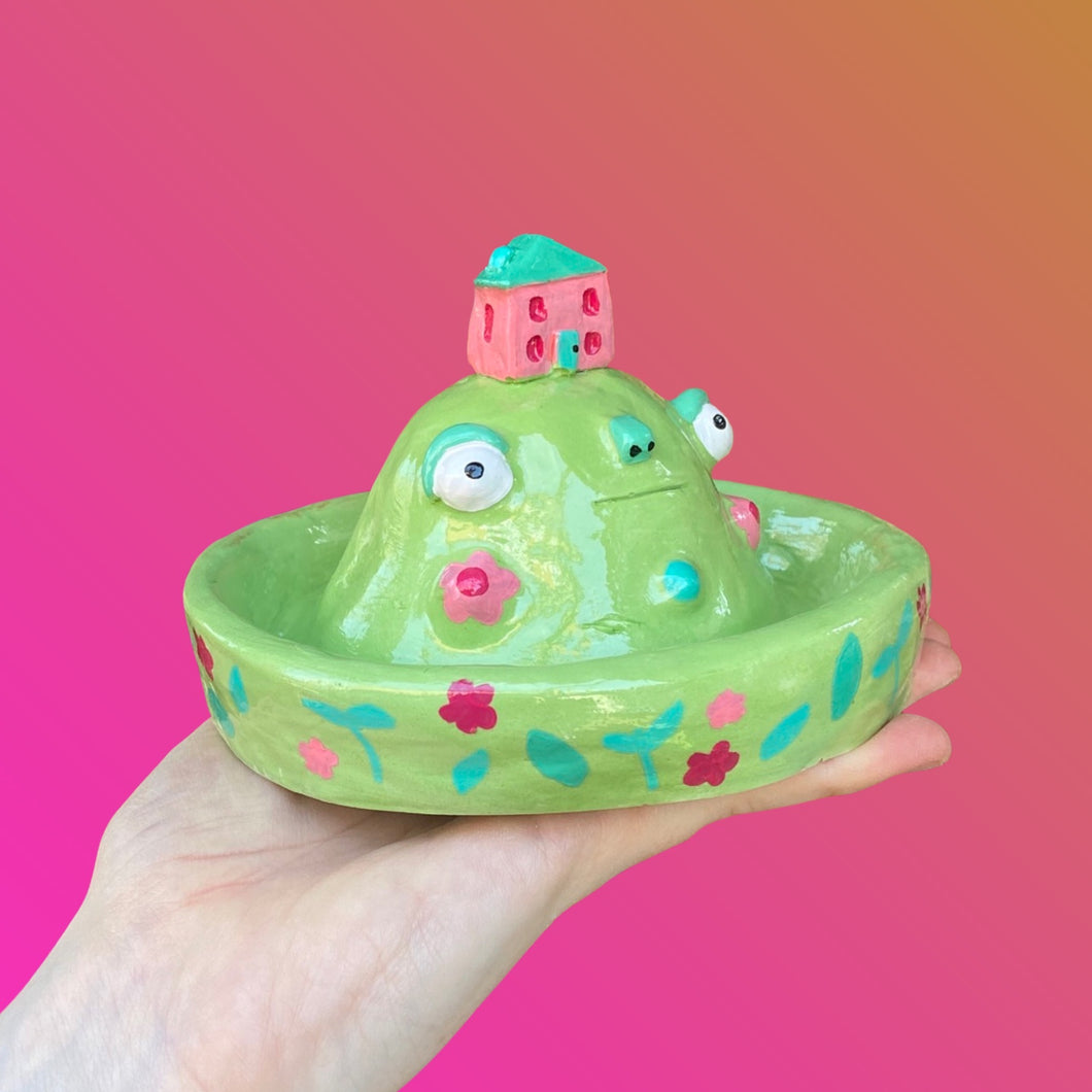 Pink & Green House on the Hill Incense Holder / Jewellery Dish (One-Off)