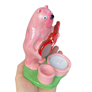 NEW Pink Bear Candle Holder / Matchstick Striker