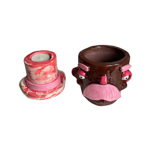 NEW Top Hat Man Pot & Candle Holder in Brown & Pink (One-off)