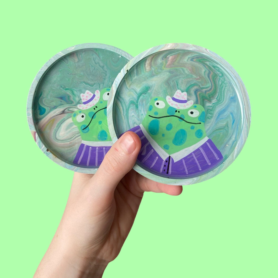 Swirly Cow-Boy Frogs Coaster Set