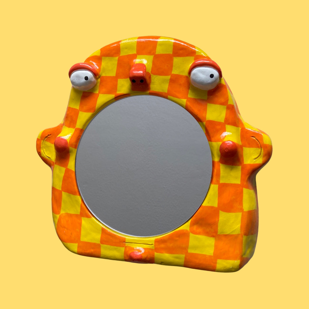 Stand-Up Mirror in Checkerboard Orange & Yellow