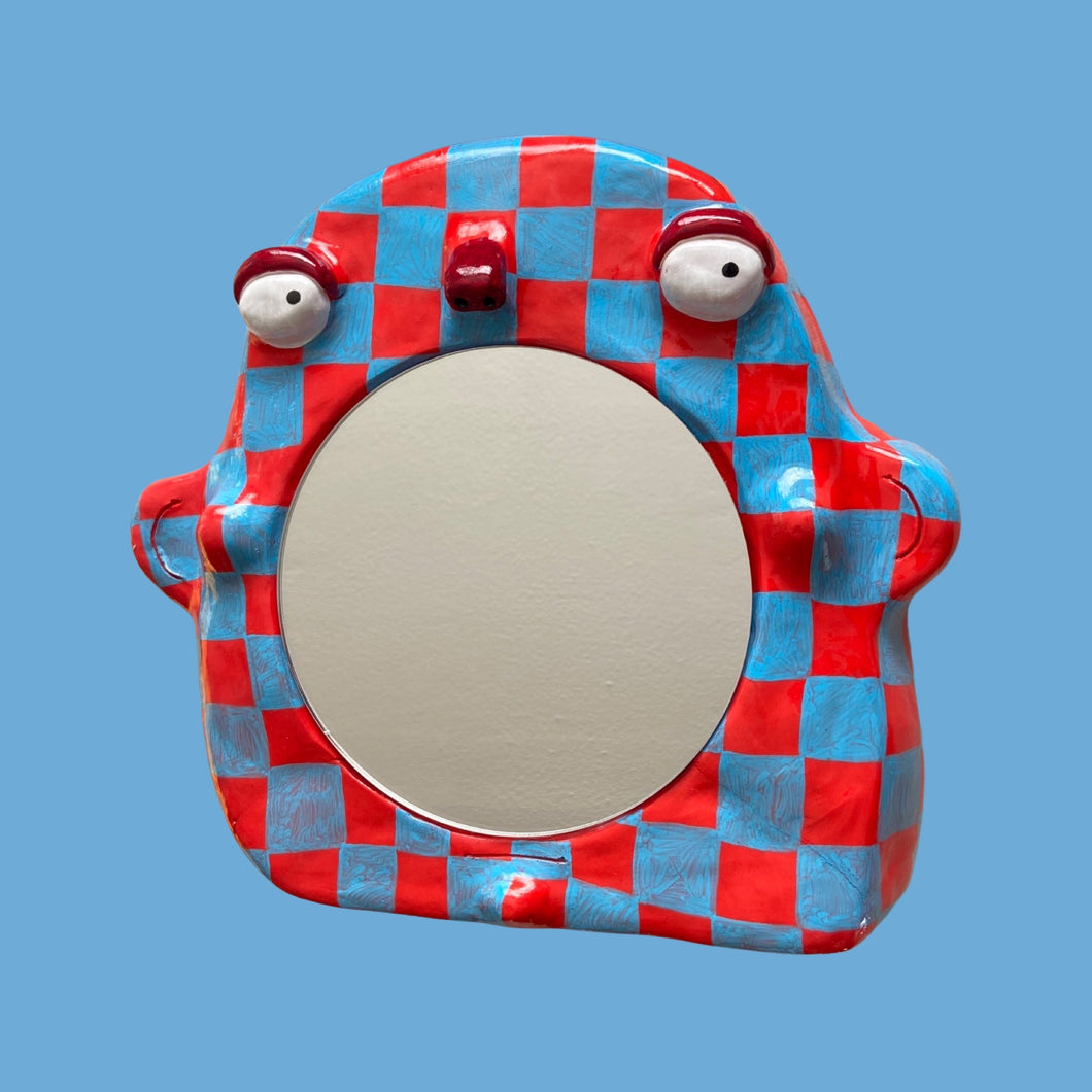 Stand-Up Mirror in Checkerboard Blue & Red