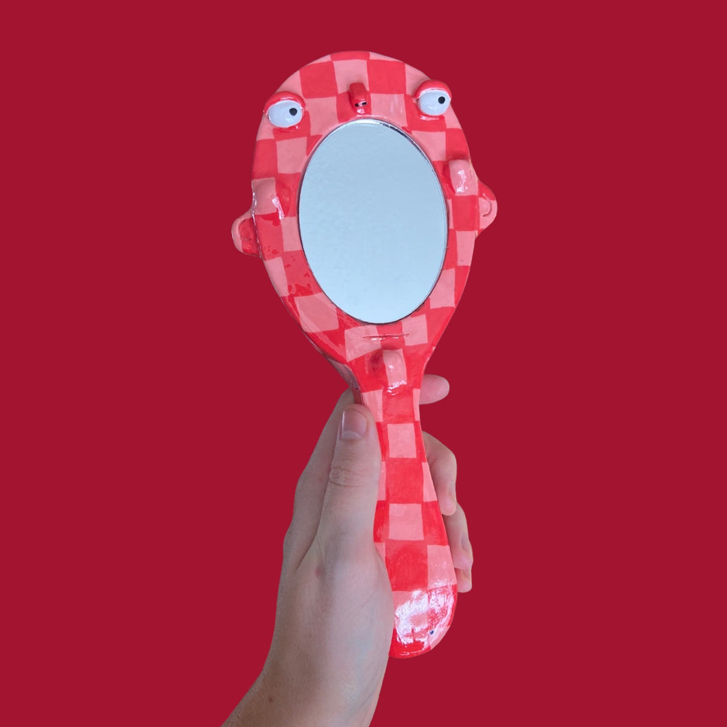 Checkerboard Hand-Held Mirror in Red & Pink