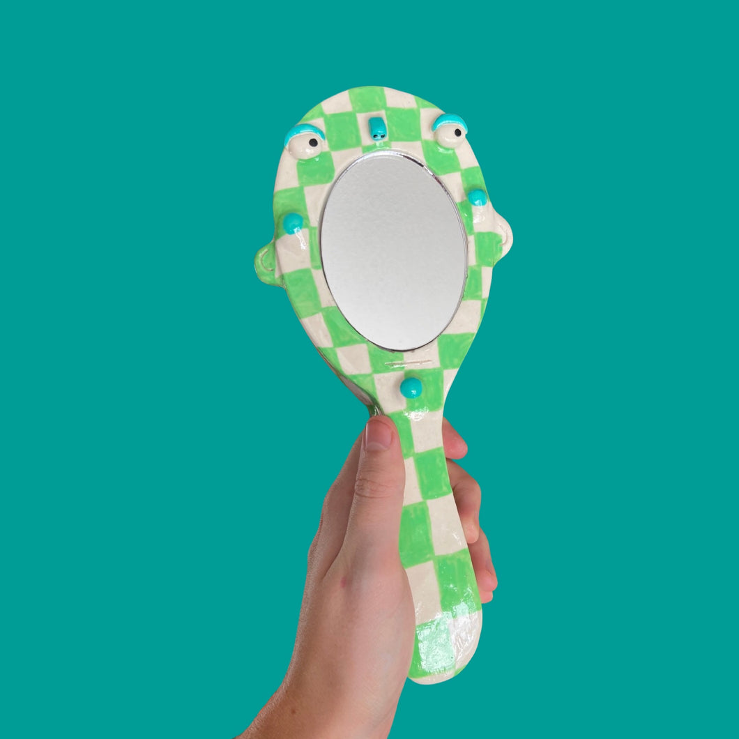 Checkerboard Hand-Held Mirror in Mint