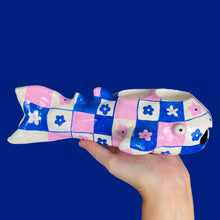 Load image into Gallery viewer, Pink &amp; Blue Checkerboard Whale Shark Tealight Candle Holder
