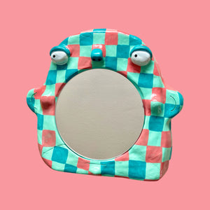 Stand-Up Mirror in Checkerboard Teal & Pink